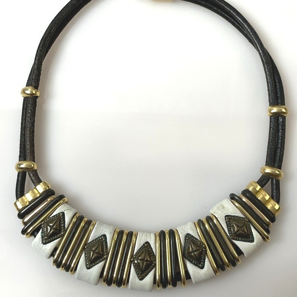 Vintage Ethnic Style Choker Necklace Black Leather Cord Mixed Metals Artisan